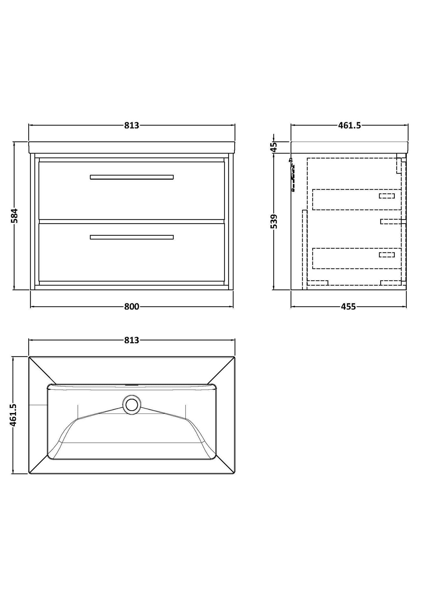 Lille 800mm Wall Hung 2-Drawer Vanity with Basin - 0 Tap Hole