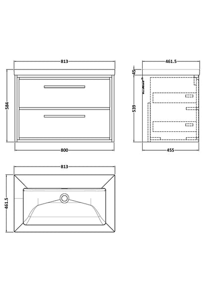 Lille 800mm Wall Hung 2-Drawer Vanity with Basin - 0 Tap Hole