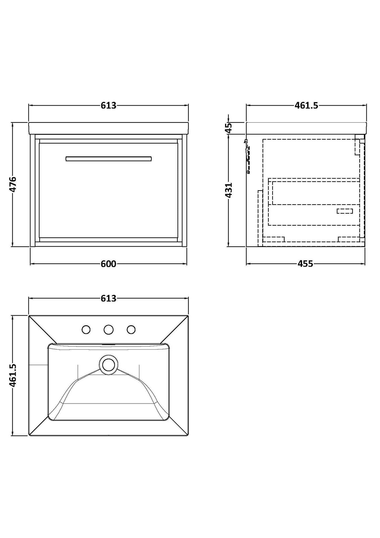 Lille 600mm Wall Hung Single Drawer Vanity with Basin - 3 Tap Hole