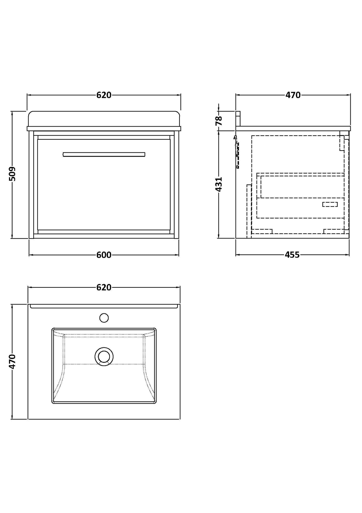 Hudson Reed Lille 600mm Wall Hung Soft Close Single Drawer Vanity Unit With Marble Basin