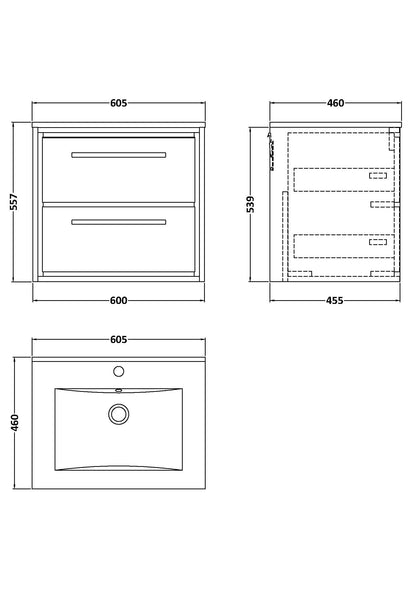 Lille 600mm Wall Hung 2-Drawer Vanity with Basin - 1 Tap Hole