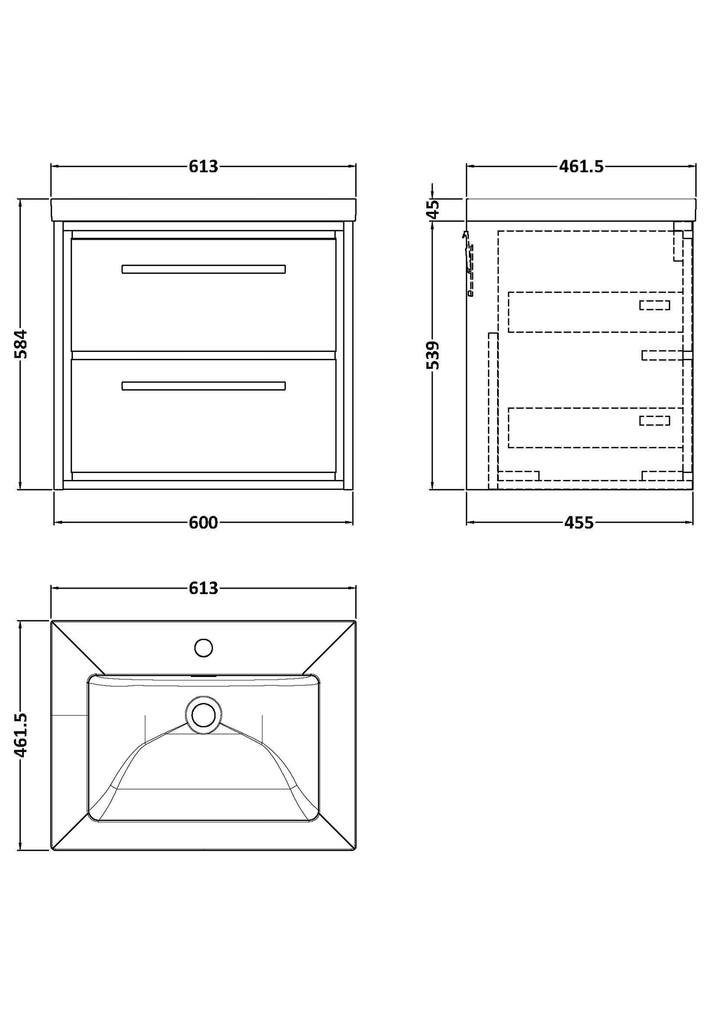 Lille 600mm Wall Hung 2-Drawer Vanity with Basin - 1 Tap Hole
