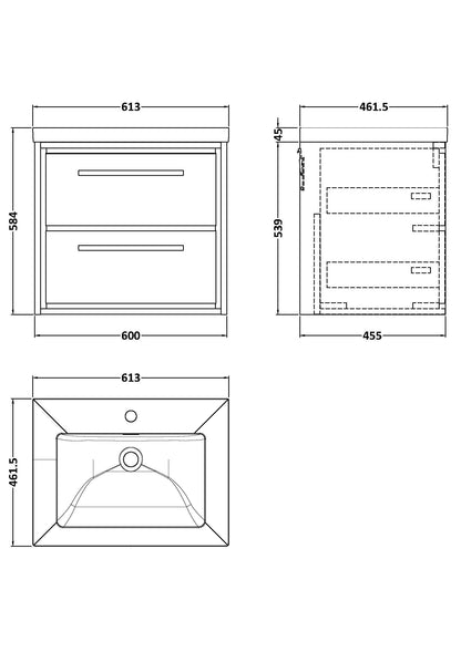 Lille 600mm Wall Hung 2-Drawer Vanity with Basin - 1 Tap Hole