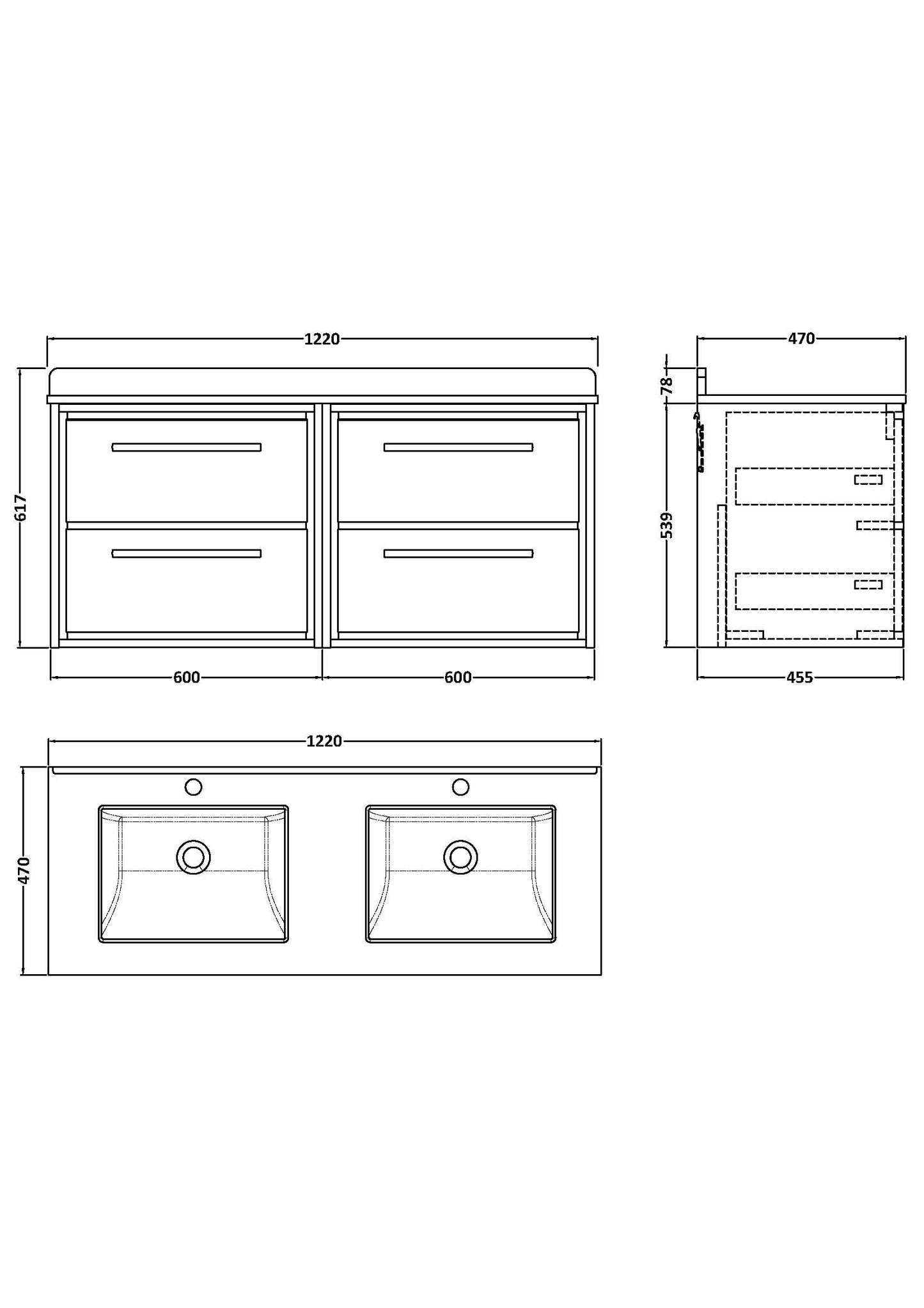 Hudson Reed Lille 1220mm Wall Hung 4-Drawer Vanity Unit With Double Marble Basins