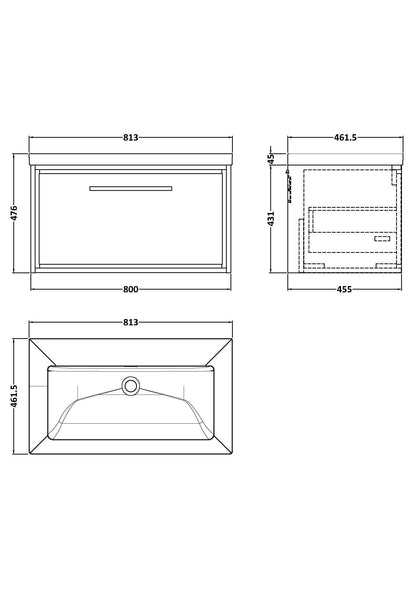 Lille 800mm Wall Hung Single Drawer Vanity with Basin - 0 Tap Hole
