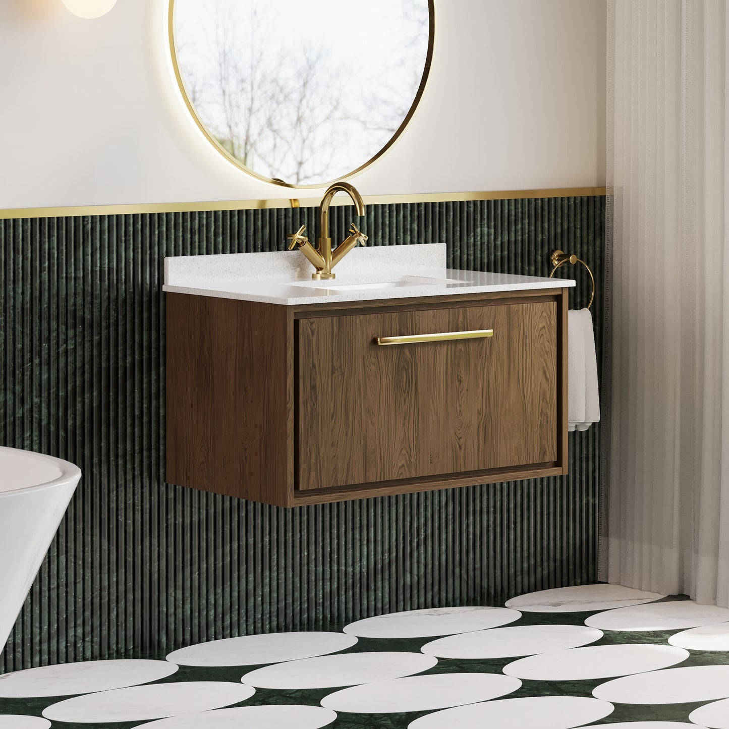 Hudson Reed Lille 800mm Antique Oak Wall Hung Single Drawer Vanity Unit with Marble Worktop Basin