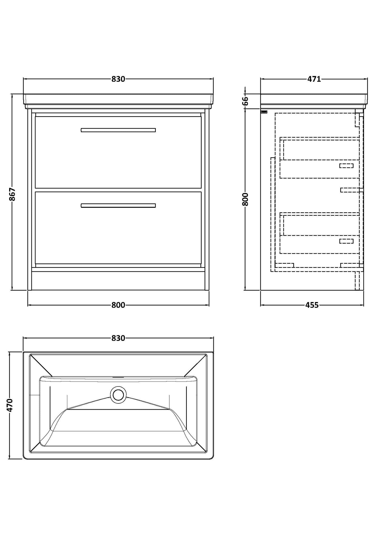 Lille 800mm Floor Standing 2-Drawer Vanity with Basin - 0 Tap Hole