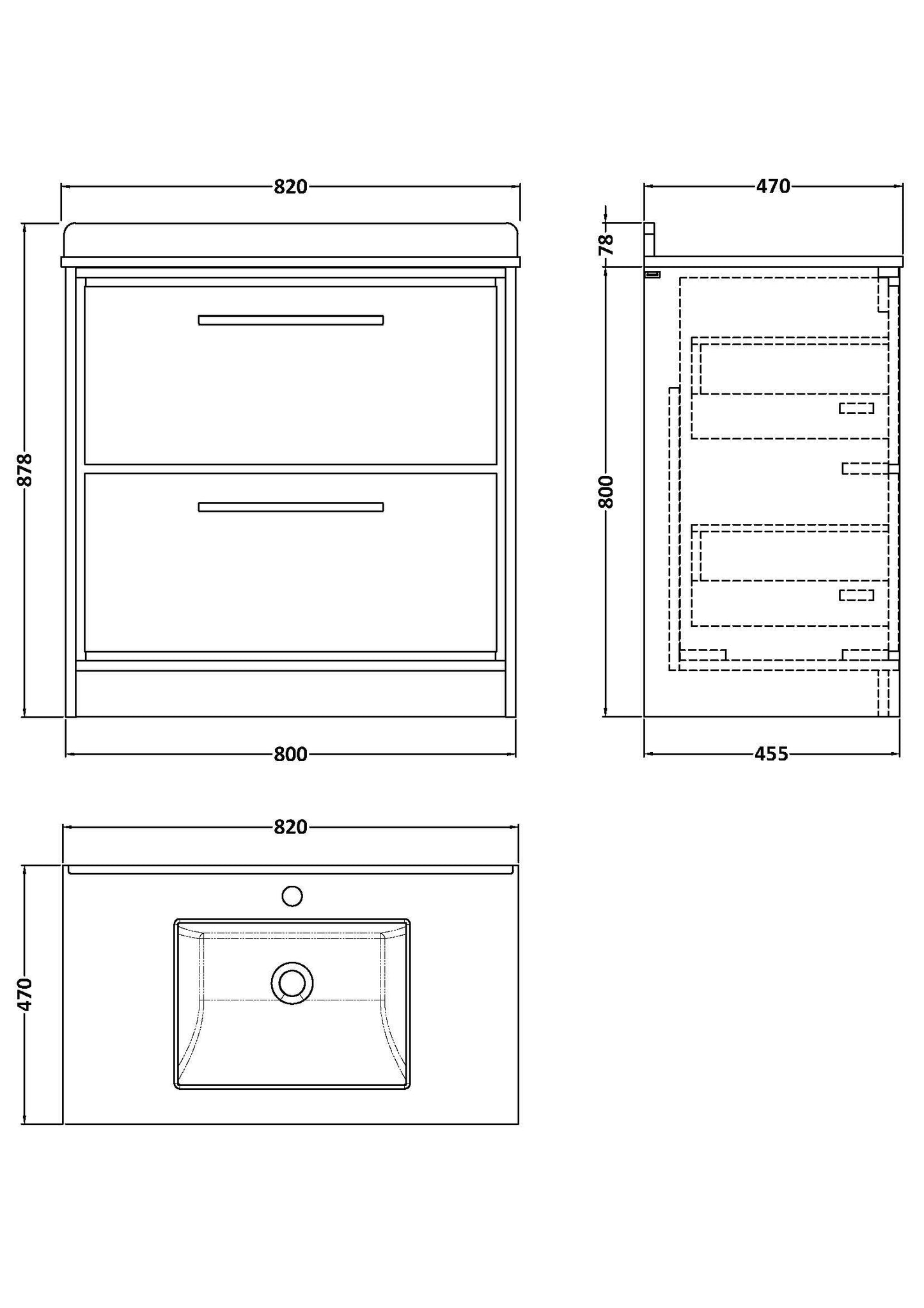 Hudson Reed Lille 800mm Floor Standing 2-Drawer Vanity Unit with Basin With Soft Close Drawers, 1 Tap Hole