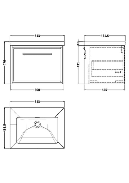 Hudson Reed Lille 600mm Wall Hung Single Drawer Vanity Unit With Basin