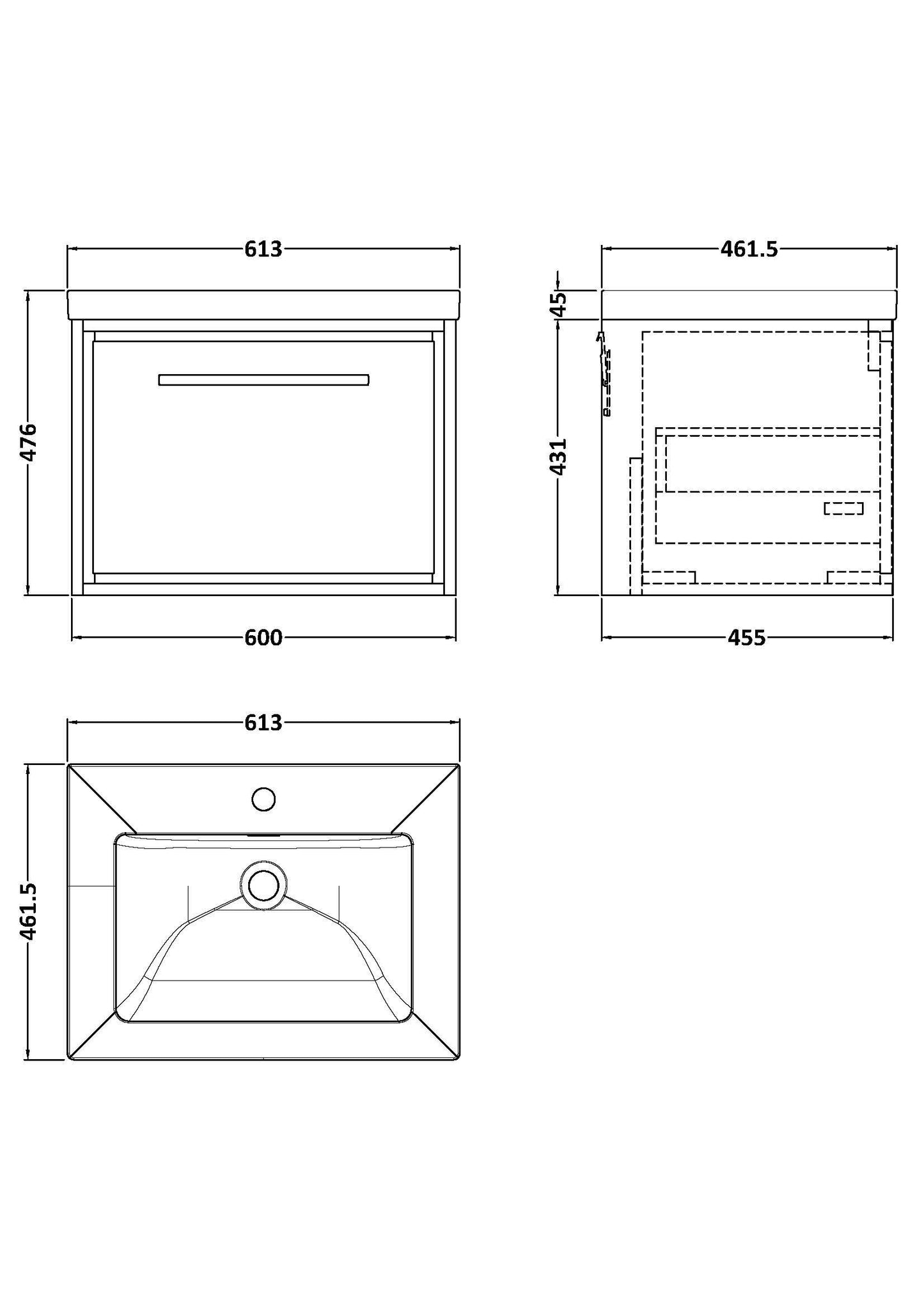 Lille 600mm Wall Hung Single Drawer Vanity with Basin - 1 Tap Hole