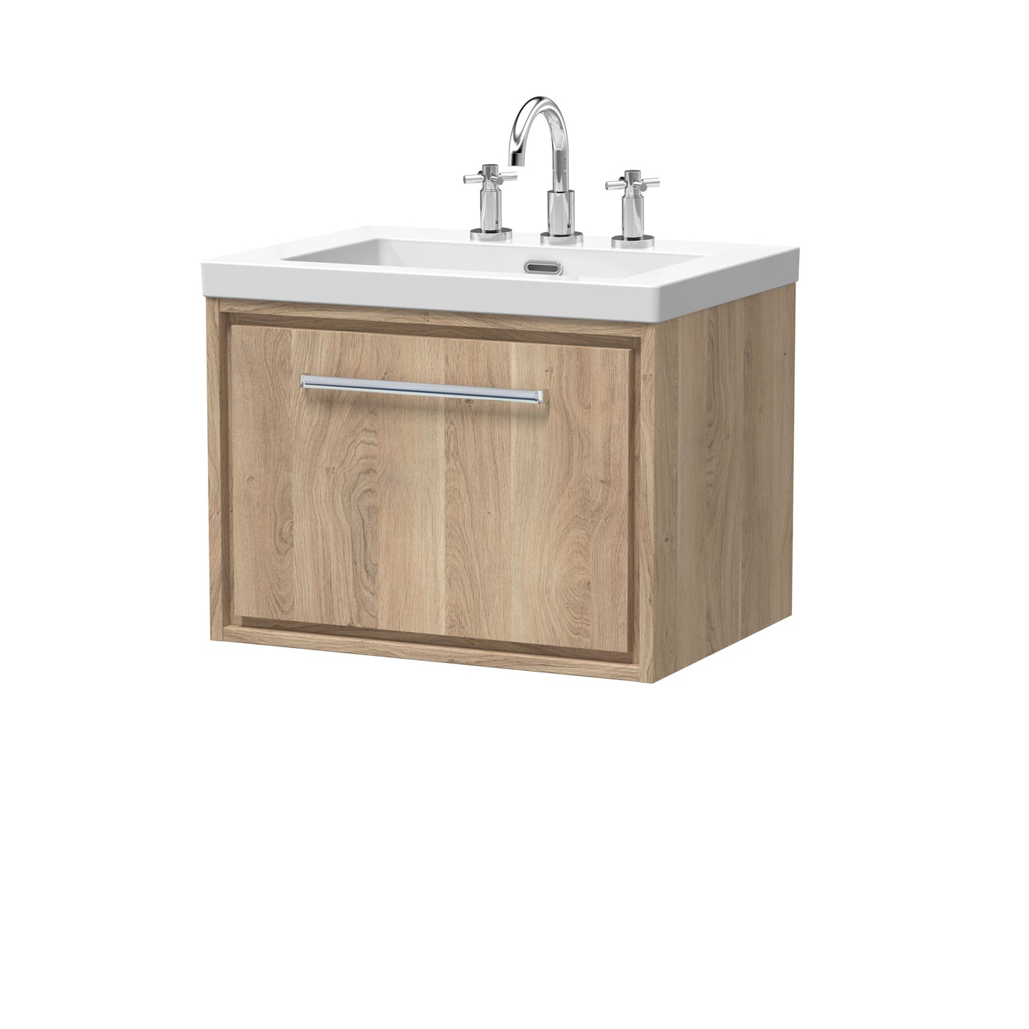 Hudson Reed Lille 600mm Wall Hung Bleached Oak Single Drawer Vanity Unit with 3 Tap Hole Basin