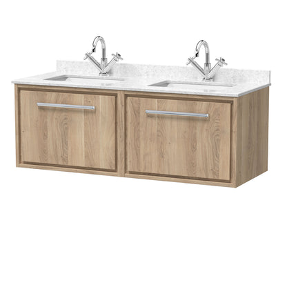 Hudson Reed Lille 1220mm Bleached Oak Wall Hung Double Basin Vanity Unit with Marble Top
