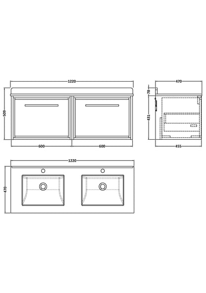 Hudson Reed Lille 1220mm Bleached Oak Wall Hung Double Basin Vanity Unit with Marble Top
