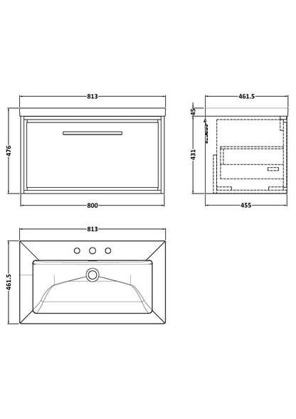 Lille 800mm Wall Hung Single Drawer Vanity with Basin - 3 Tap Hole