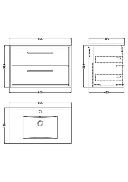 Hudson Reed Lille 800mm Bleached Oak Wall Hung 2-Drawer Soft Close Vanity Unit with Basin