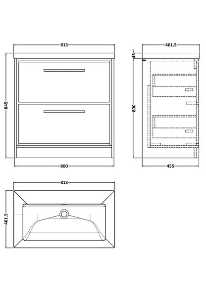 Lille 800mm Floor Standing 2-Drawer Vanity with Basin - 0 Tap Hole