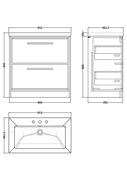 Lille 800mm Floor Standing 2-Drawer Vanity with Basin - 3 Tap Hole