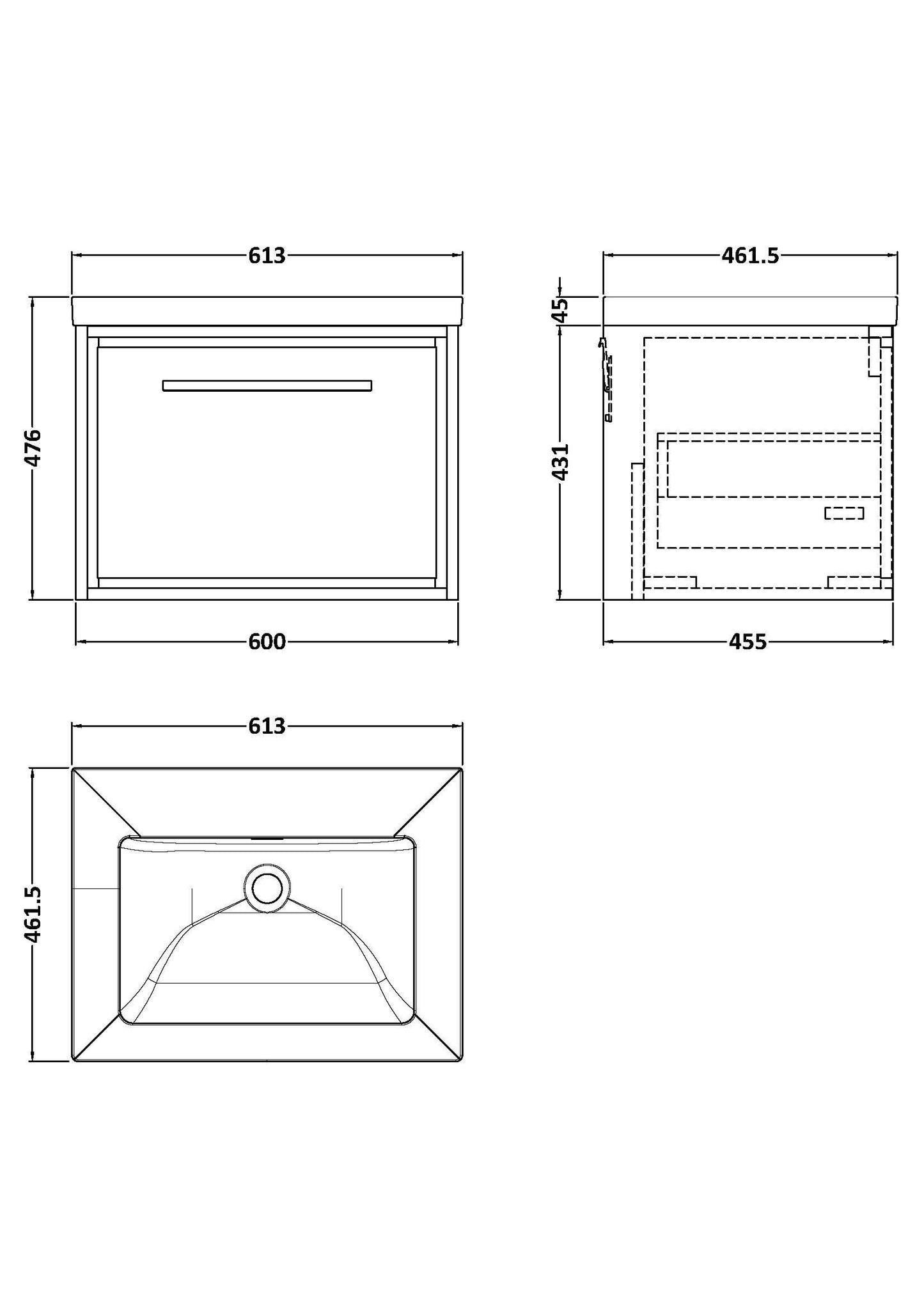 Lille 600mm Wall Hung Single Drawer Vanity with Basin - 0 Tap Hole