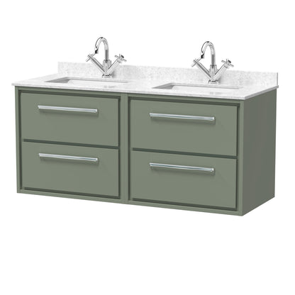 Hudson Reed Lille 1220mm Fern Green Wall Hung 4-Drawer Vanity Unit With Double Marble Basins
