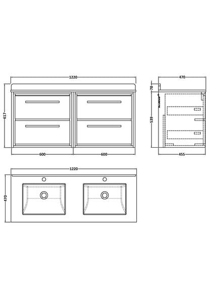 Hudson Reed Lille 1220mm Fern Green Wall Hung 4-Drawer Vanity Unit With Double Marble Basins