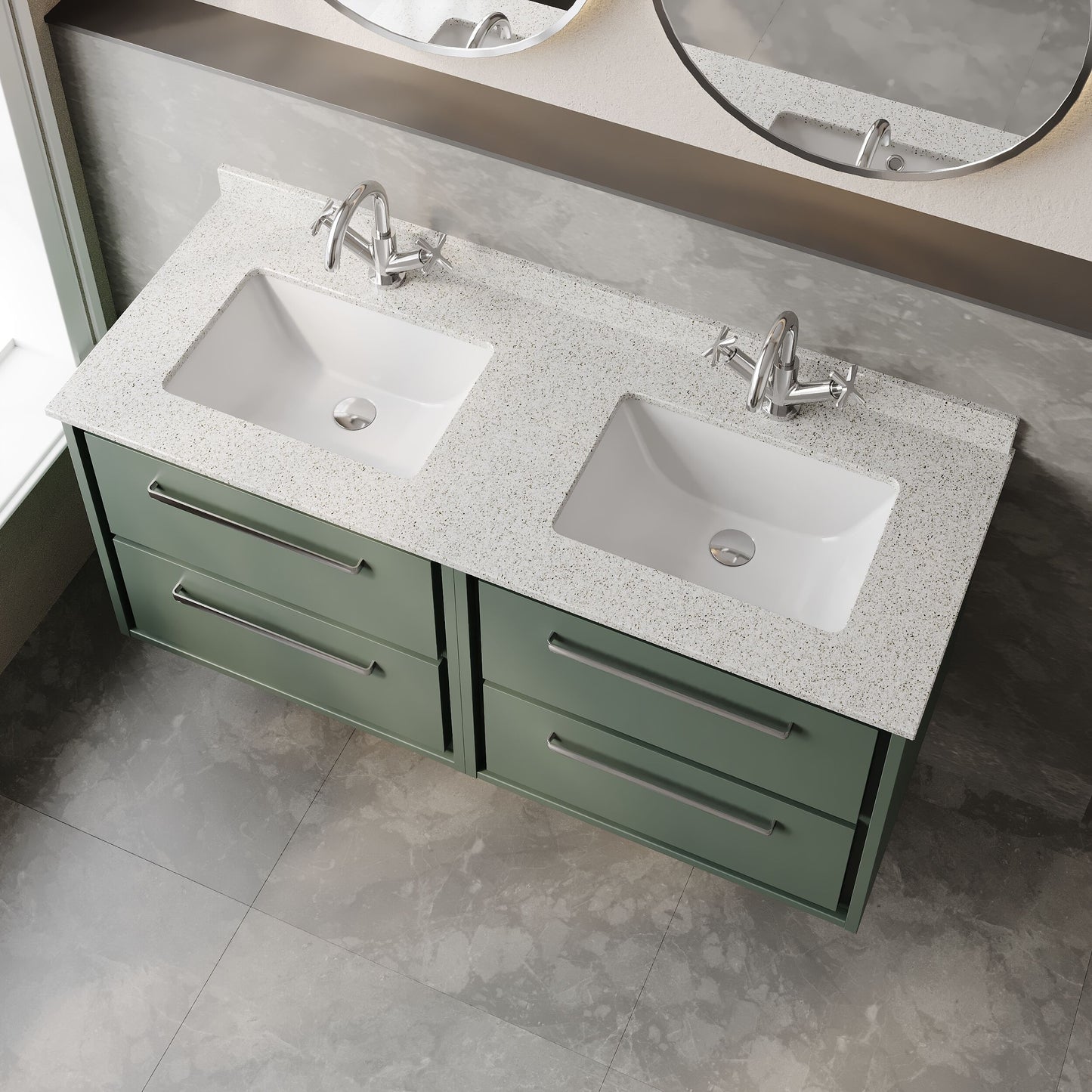 Hudson Reed Lille 1220mm Fern Green Wall Hung 4-Drawer Vanity Unit With Double Marble Basins