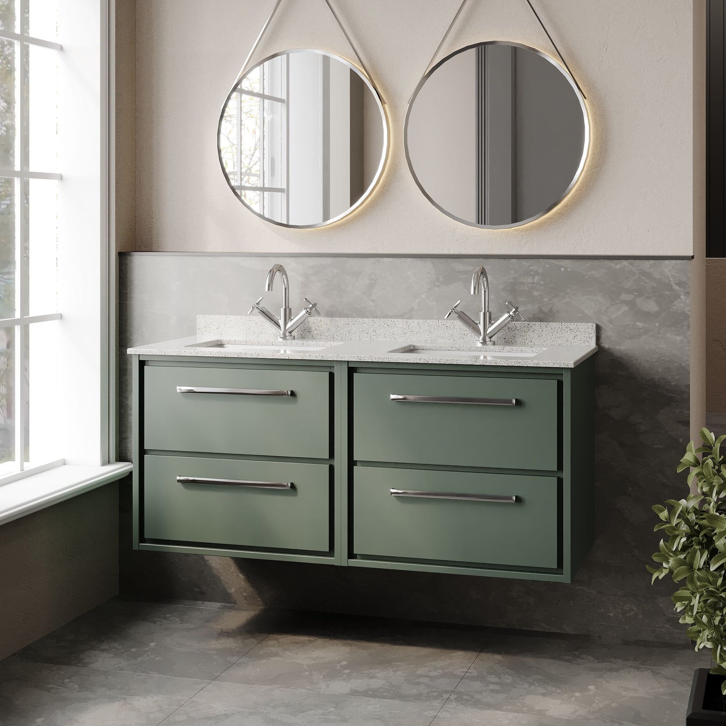Hudson Reed Lille 1220mm Fern Green Wall Hung 4-Drawer Vanity Unit With Double Marble Basins