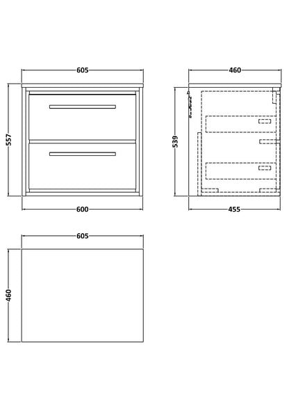 Lille 600mm Wall Hung 2-Drawer Vanity with Worktop