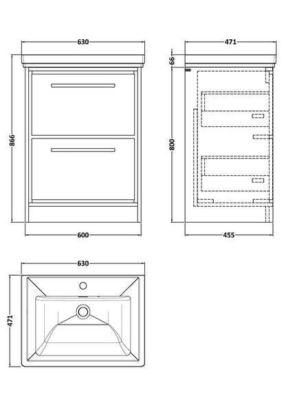 Lille 600mm Floor Standing 2-Drawer Vanity with Basin - 1 Tap Hole
