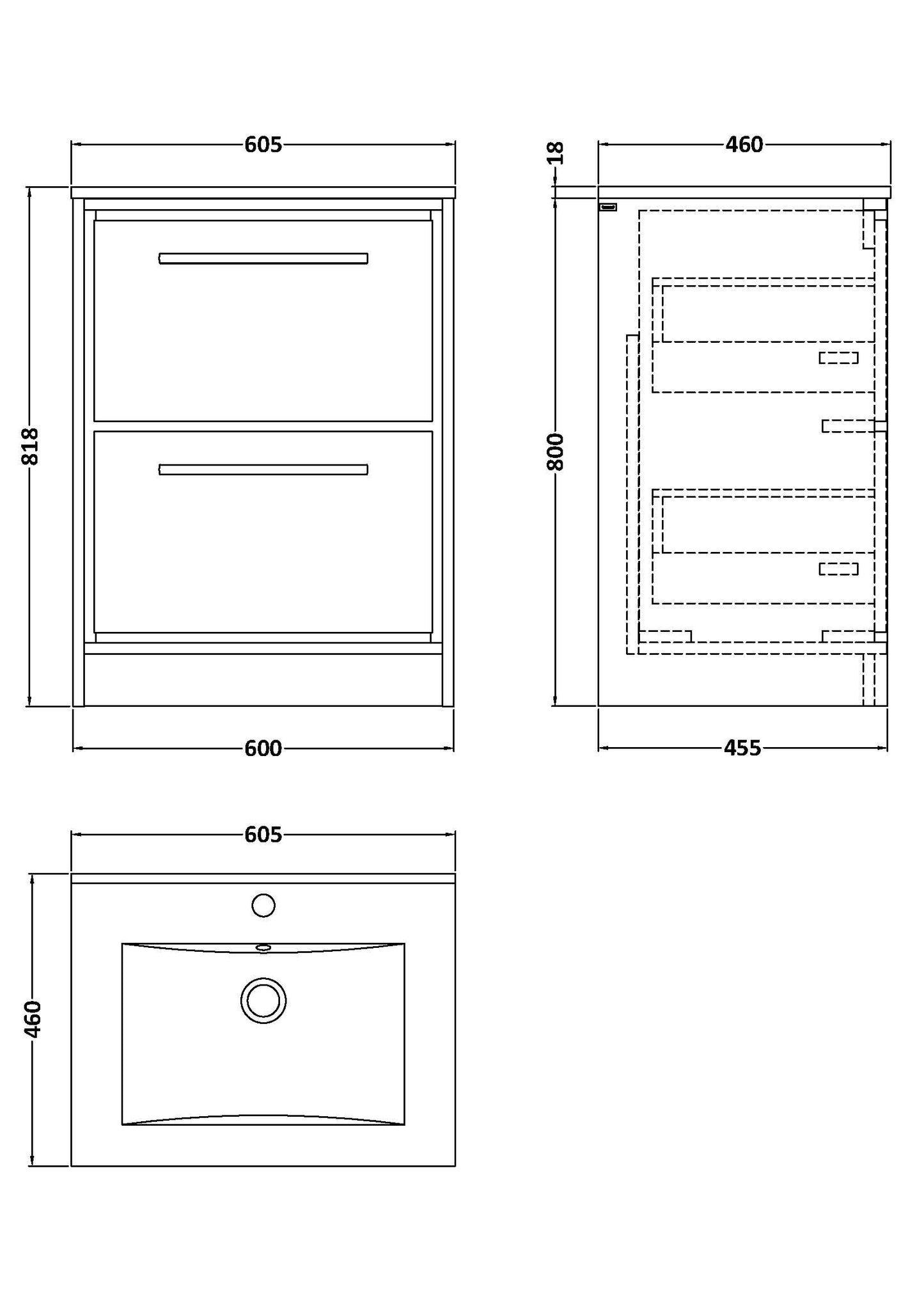 Lille 600mm Floor Standing 2-Drawer Vanity with Basin - 1 Tap Hole
