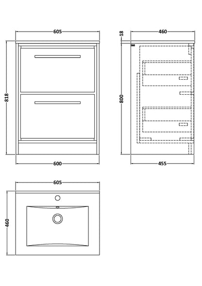 Lille 600mm Floor Standing 2-Drawer Vanity with Basin - 1 Tap Hole