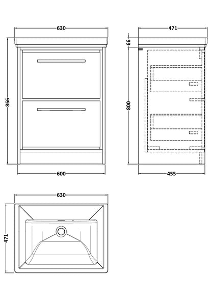 Lille 600mm Floor Standing 2-Drawer Vanity with Basin - 0 Tap Hole