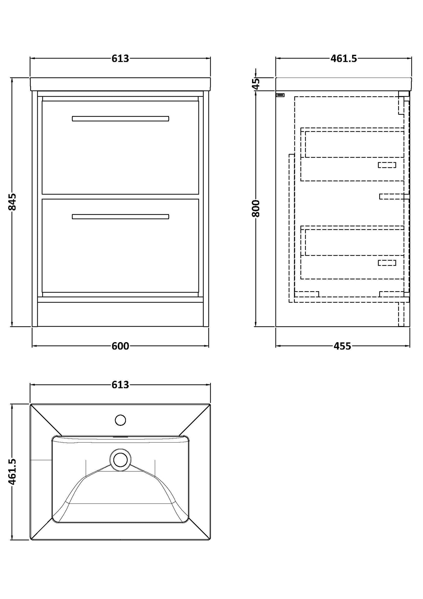 Lille 600mm Floor Standing 2-Drawer Vanity with Basin - 1 Tap Hole