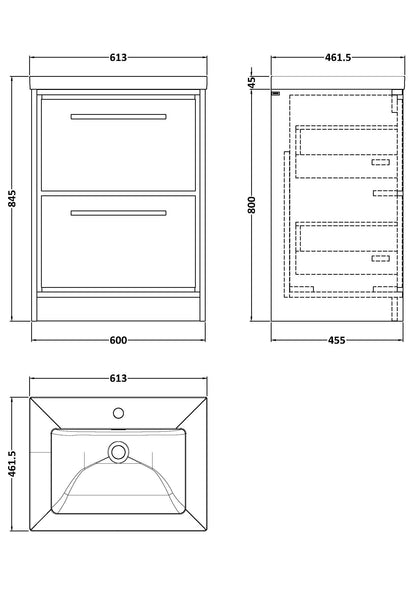 Lille 600mm Floor Standing 2-Drawer Vanity with Basin - 1 Tap Hole