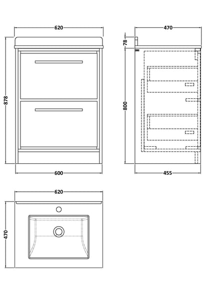 Lille 600mm Floor Standing 2-Drawer Vanity with Marble Worktop Basin