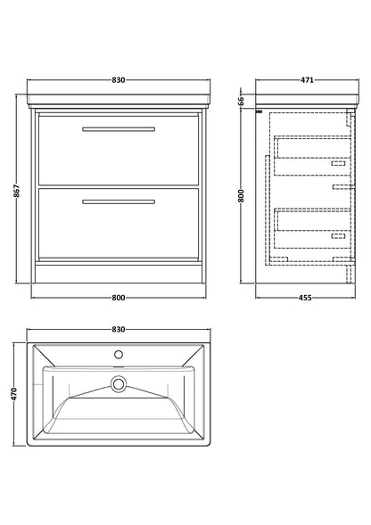 Lille 800mm Floor Standing 2-Drawer Vanity with Basin - 1 Tap Hole