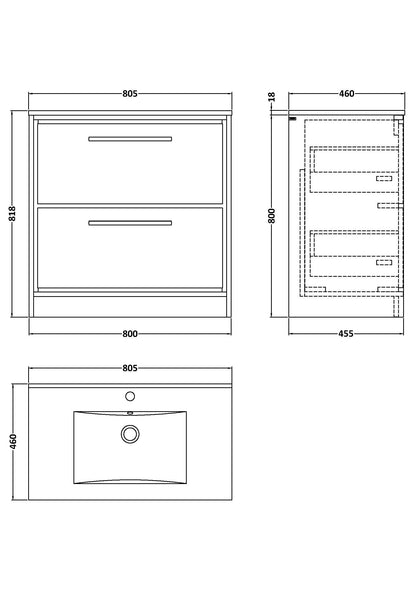 Lille 800mm Floor Standing 2-Drawer Vanity with Basin - 1 Tap Hole