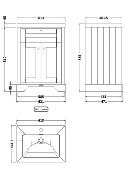 Hudson Reed Old London Traditional 600mm Storm Grey 2-Door Floor Standing Vanity Unit With Fireclay Basin
