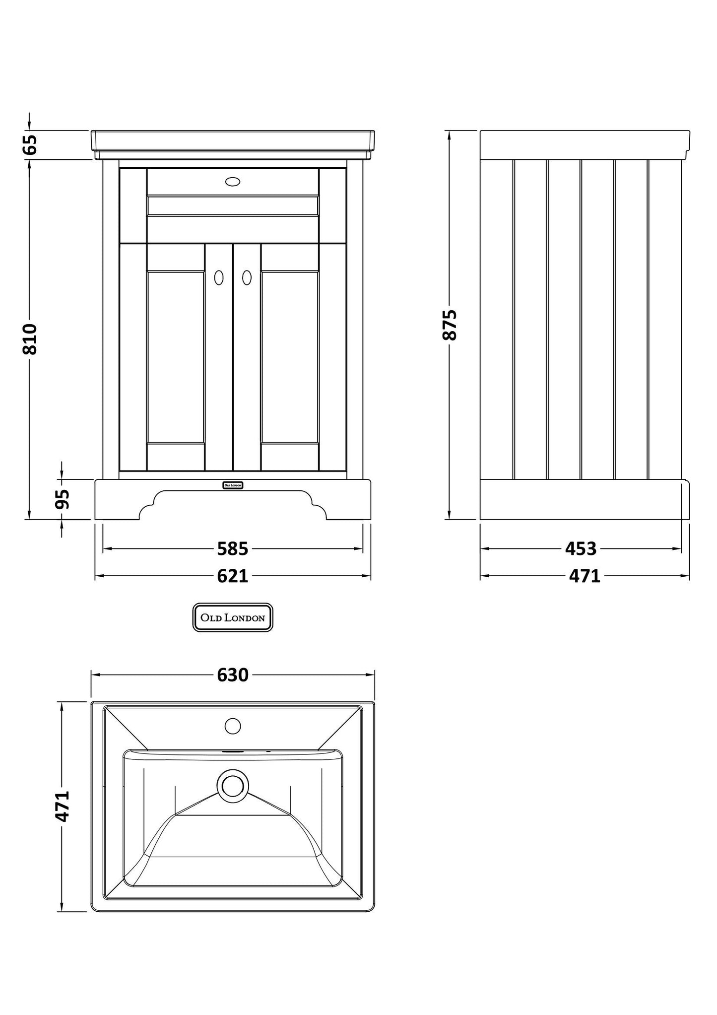 Hudson Reed Old London 600mm Floor Standing 2 Door Vanity Unit With Fireclay Basin