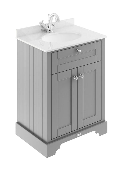 Hudson Reed Old London 620mm Storm Grey Floor Standing 2 Door Vanity Unit with White Marble Top 1 Tap Hole Soft Close