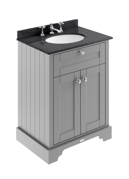 Hudson Reed Old London 600mm Storm Grey Floor Standing 2 Door Vanity Unit with 3 Tap Hole Black Marble Top