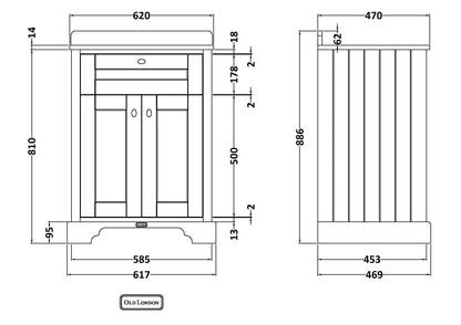 Hudson Reed Old London 600mm Storm Grey Floor Standing 2 Door Vanity Unit with 3 Tap Hole Black Marble Top