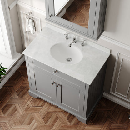 Hudson Reed Old London 800mm Storm Grey Floor Standing 2 Door Vanity Unit with 3 Tap Hole White Marble Top Basin