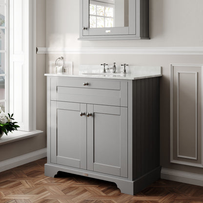 Hudson Reed Old London 800mm Storm Grey Floor Standing 2 Door Vanity Unit with 3 Tap Hole White Marble Top Basin