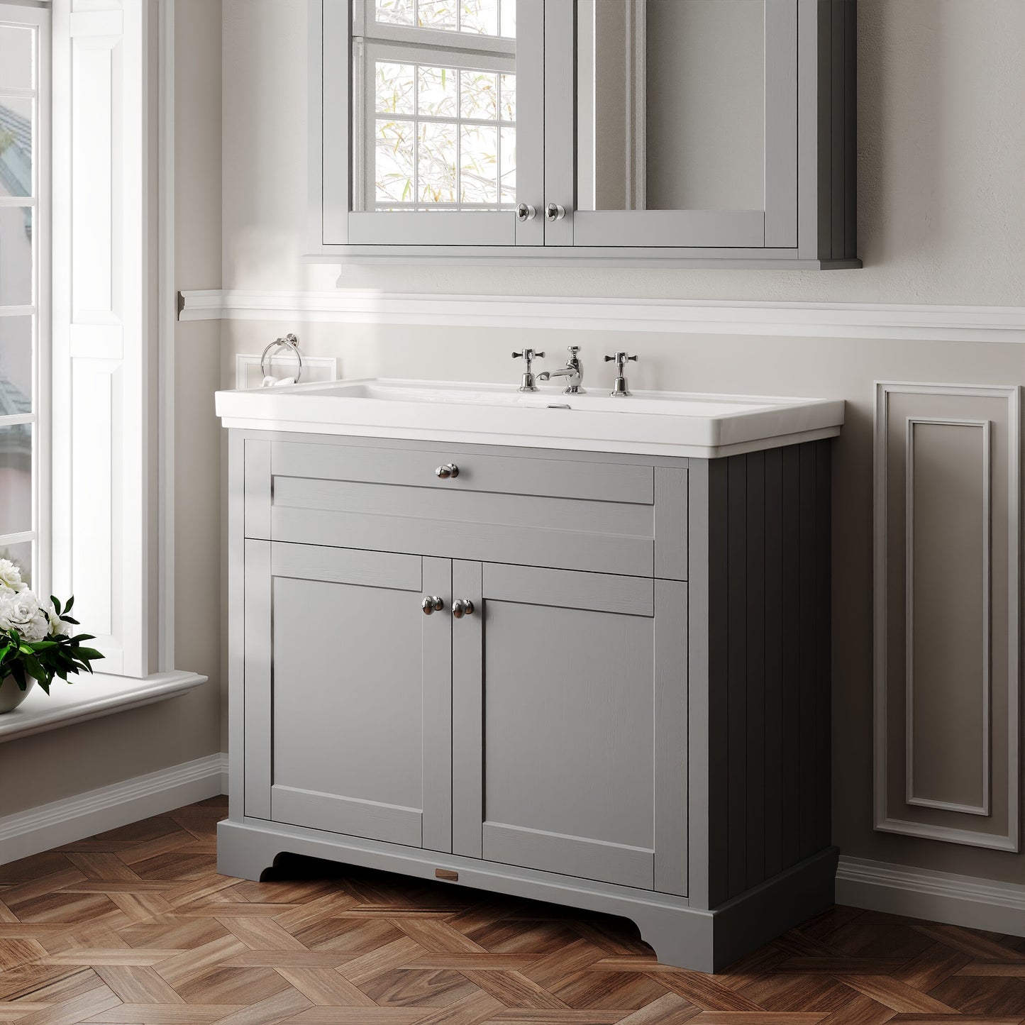 Hudson Reed Old London 1000mm Storm Grey 2-Door 3 Taphole Floor Standing Vanity Unit With Fireclay Basin