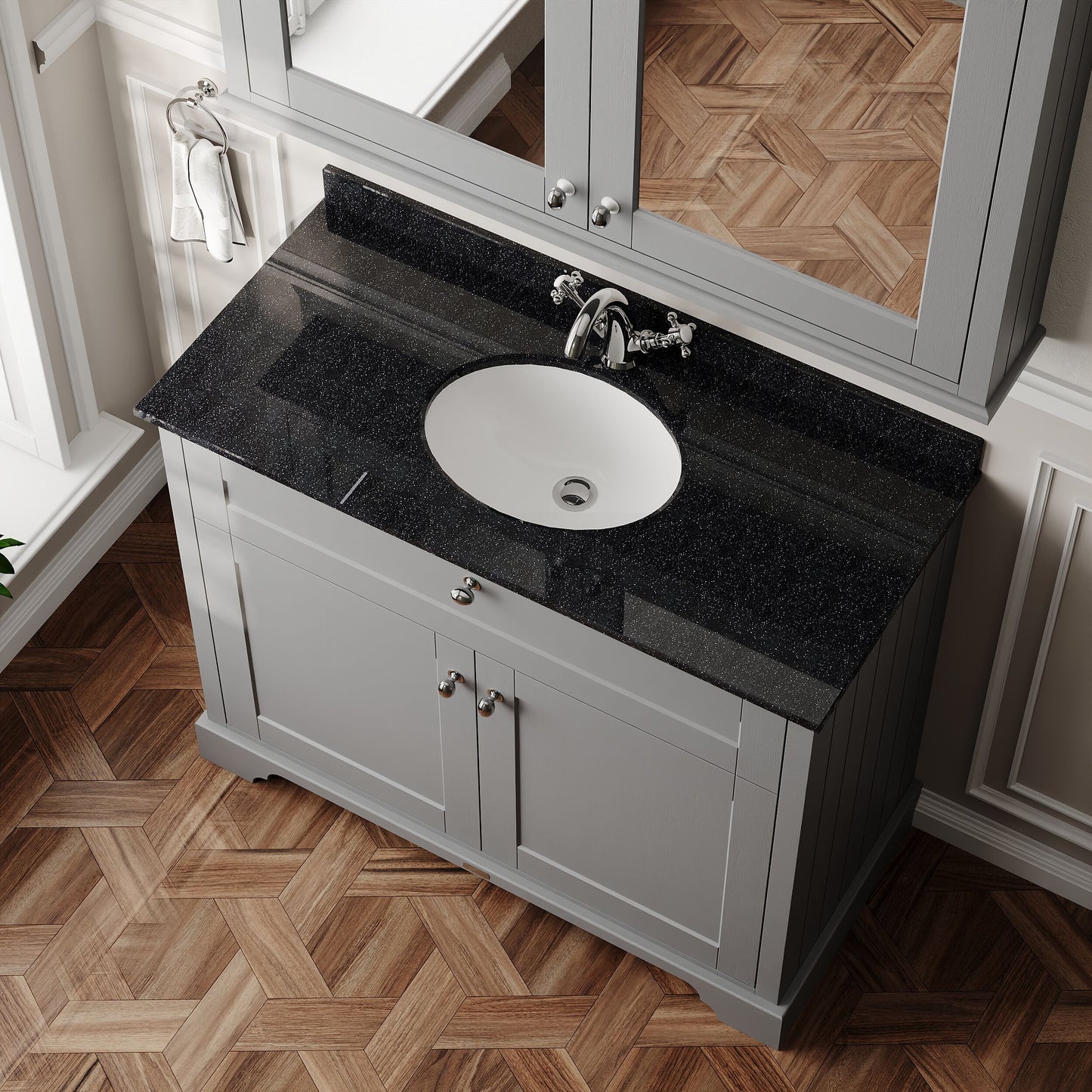 Floor Standing 2 Door Vanity Unit with 1 Tap Hole Black Marble Top 1000mm