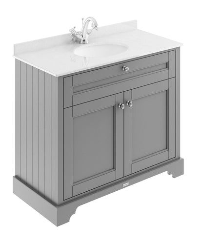 Hudson Reed Old London 1020mm Storm Grey Floor Standing 2 Door Vanity Unit With White Marble Top Basin & 1 Tap Hole