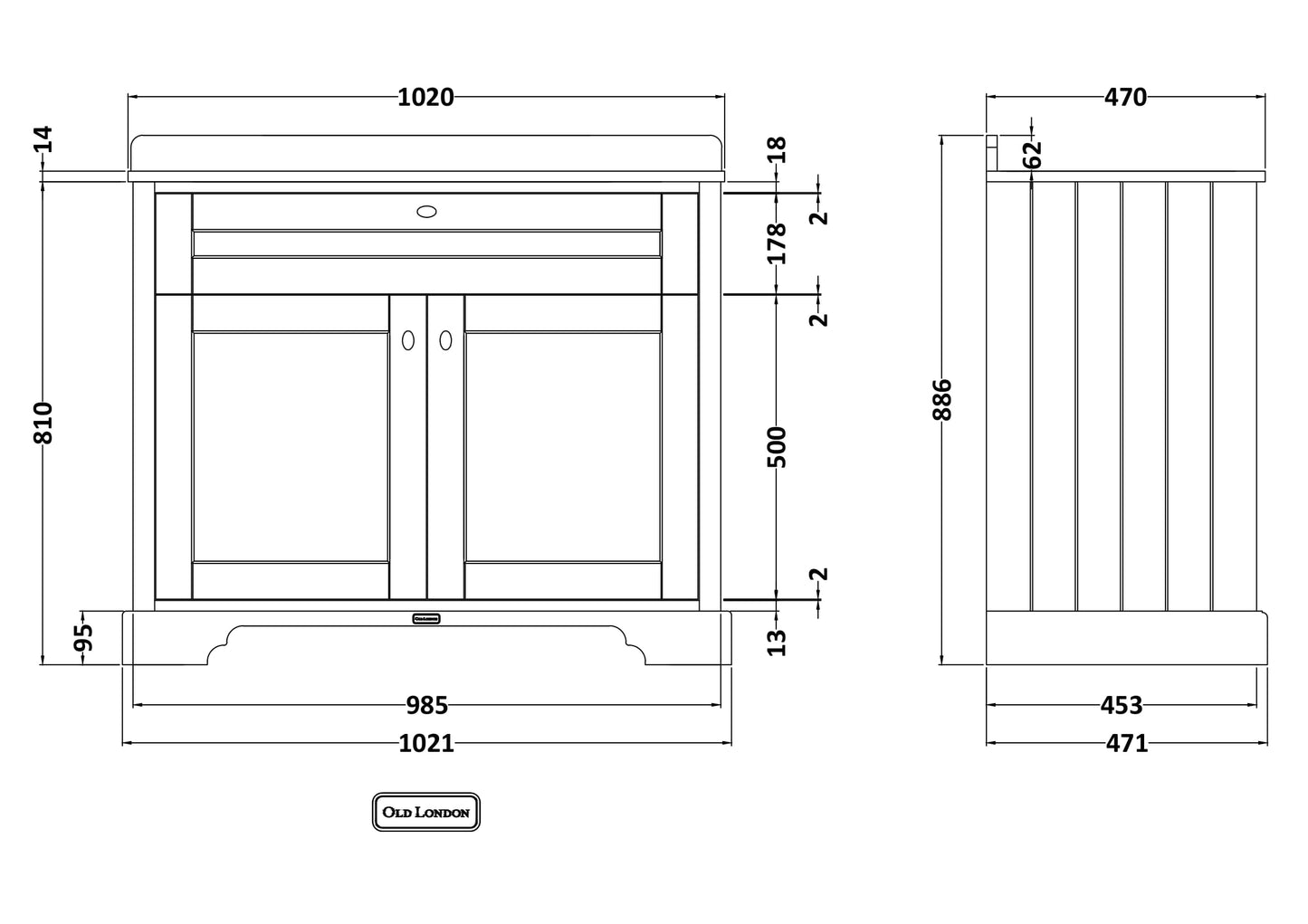 Hudson Reed Old London 1020mm Storm Grey Floor Standing 2 Door Vanity Unit With White Marble Top Basin & 1 Tap Hole