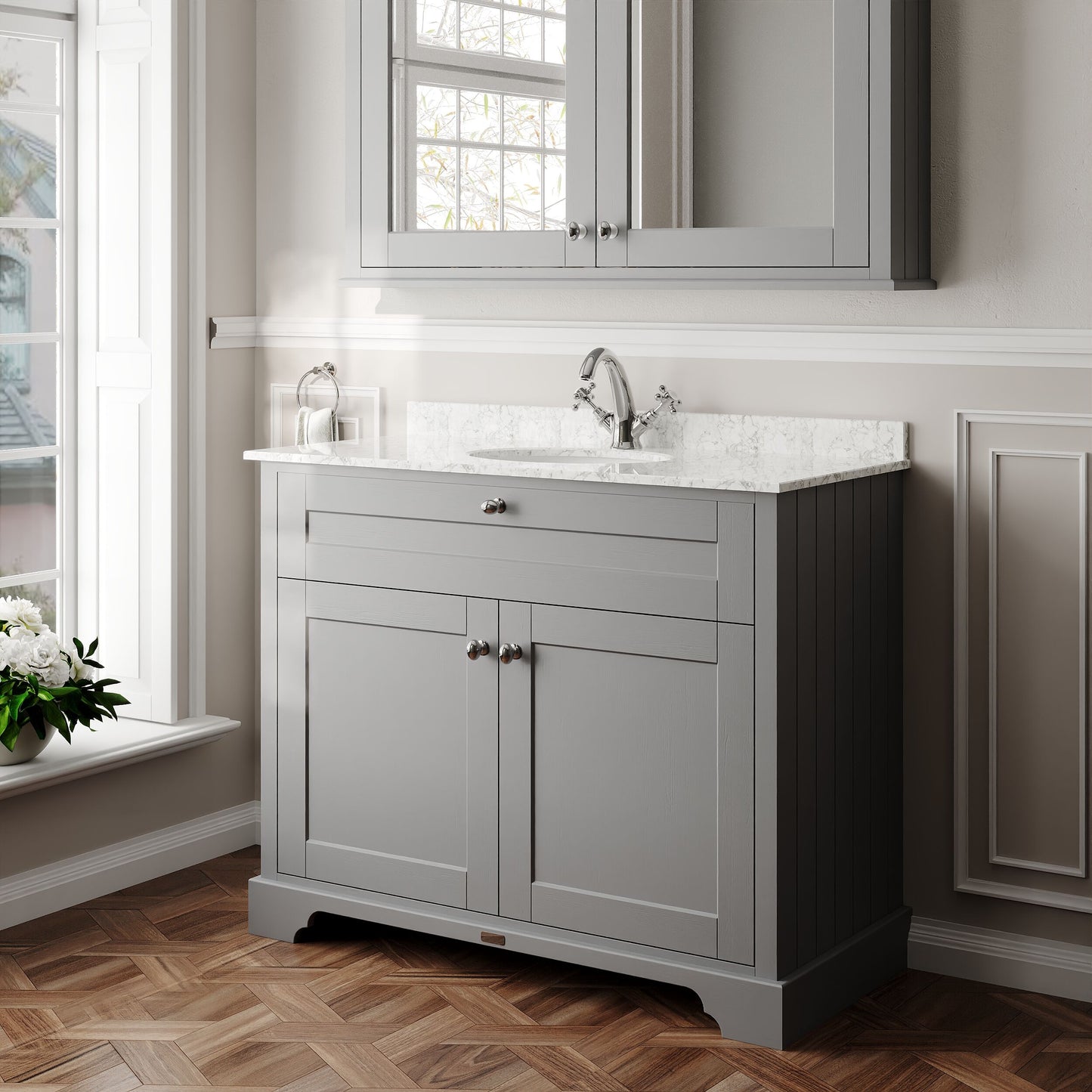 Floor Standing 2 Door Vanity Unit with 1 Tap Hole Grey Marble Top 1000mm