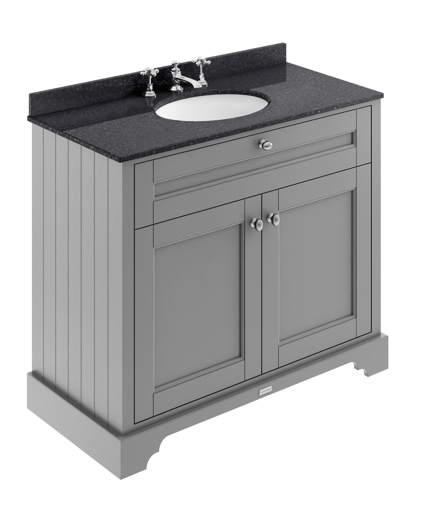 Hudson Reed Old London 1000mm Storm Grey Floor Standing 2 Door Vanity Unit With 3 Tap Hole Black Marble Top Basin