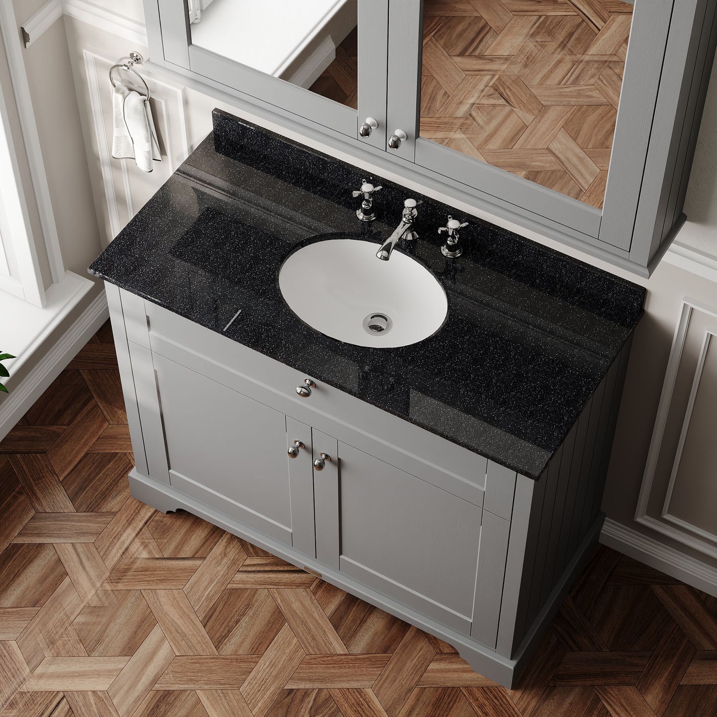 Hudson Reed Old London 1000mm Storm Grey Floor Standing 2 Door Vanity Unit With 3 Tap Hole Black Marble Top Basin